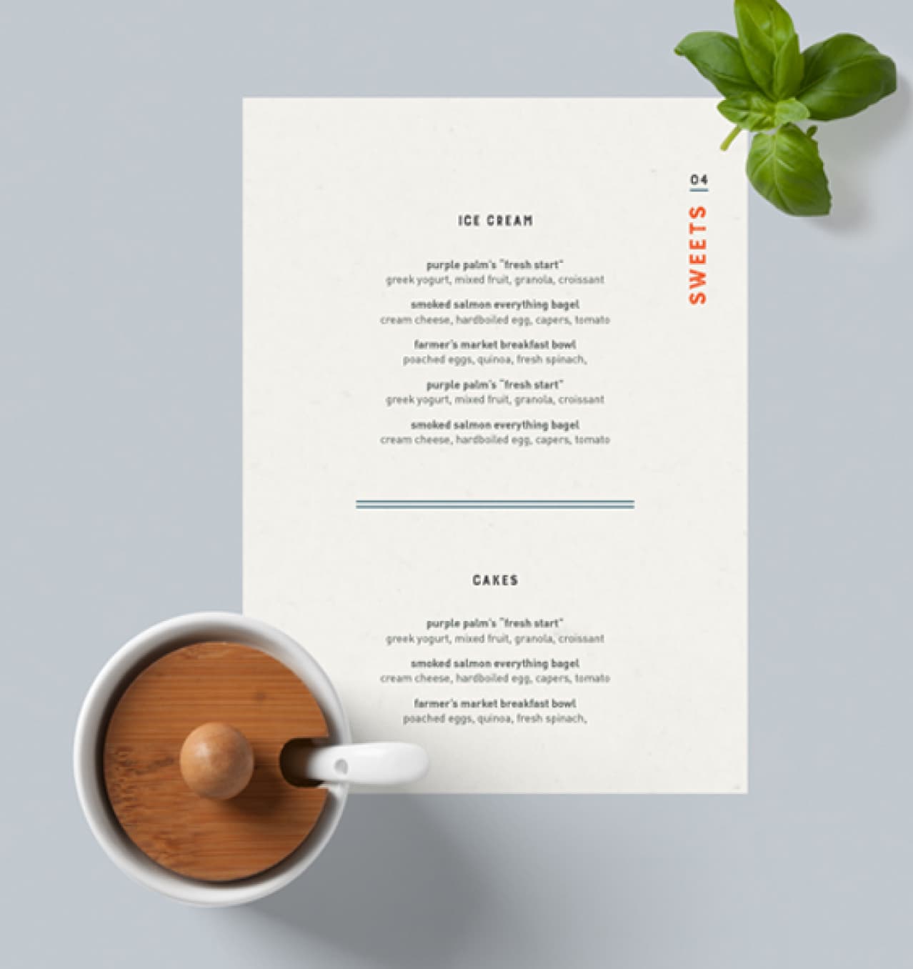 A dessert menu card listing ice cream and cake options, accompanied by a small pot with a wooden lid, suggesting a refined dining experience.