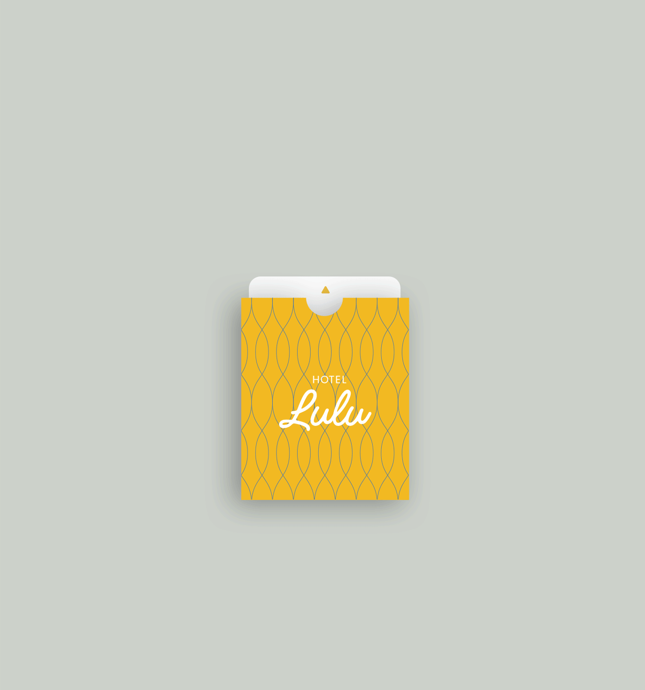 A hotel room key card for Hotel Lulu with a graphic of a woman in a bathing suit lounging under palm trees, set against a yellow geometric pattern.